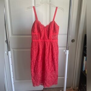 Express Coral Lace Midi Dress with Spaghetti Straps